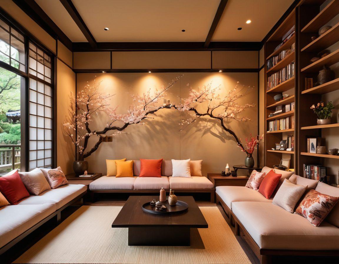 A stylish, modern room filled with books and magazines on Japanese adult content, surrounded by colorful artwork depicting various aspects of adult culture, with a comfortable seating area and soft lighting. Include elements of Japanese decor, like shoji screens and cherry blossom motifs, to give an authentic feel to the scene. Capture a sense of warmth and openness, inviting exploration and discussion. super-realistic. vibrant colors. cozy ambiance.