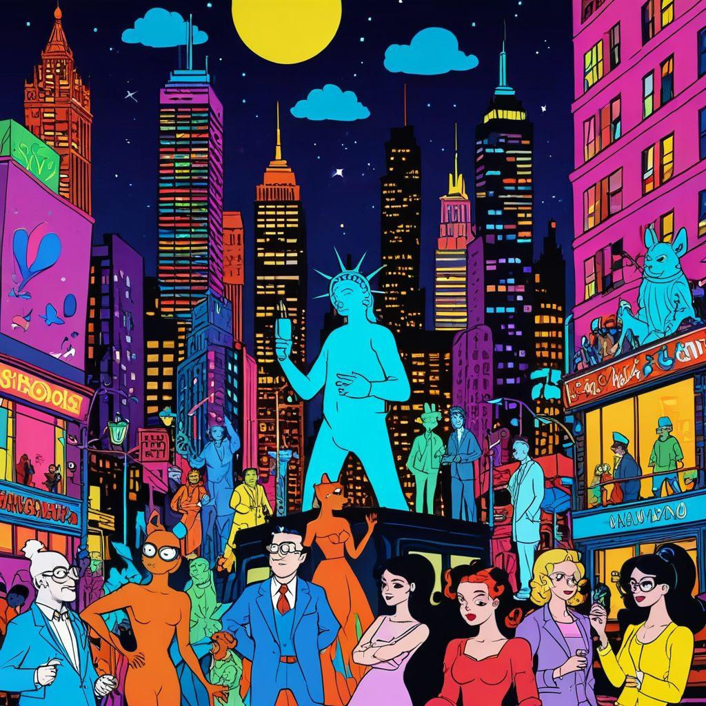 A visually striking collage of adult cartoon characters engaging in elaborate, whimsical scenarios that blend humor and sensuality. The backdrop features a vibrant cityscape with neon lights, adding to the playful atmosphere. Characters should be depicted in exaggerated styles, showcasing diverse body types and expressions that evoke curiosity and amusement. Incorporate elements like comic panels and thought bubbles for a dynamic feel. Pop art style with bold colors and sharp contrasts.